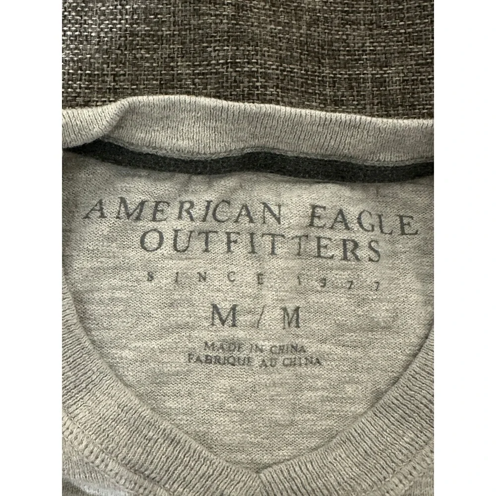 American Eagle Mens M V-Neck Sweater Gray Cotton Knit Pullover 3856